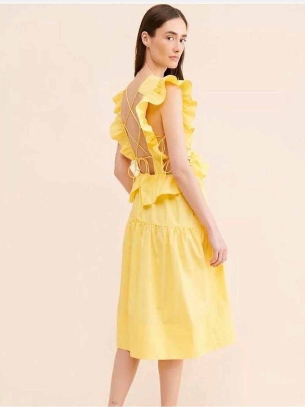 Ruffle-Trim Yellow Midi Dress with Lace-Up Back